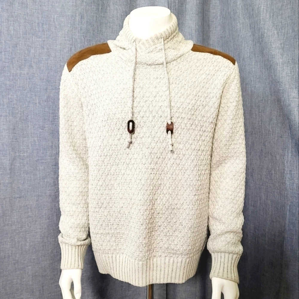 X-RAY Shawl Collar Pullover Sweater Faux Suede Shoulder Patches Oatmeal Men's M